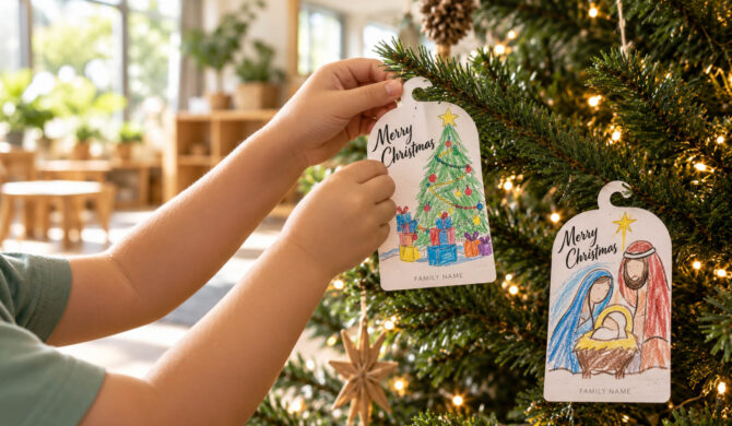 Preschool hands hang Christmas tags