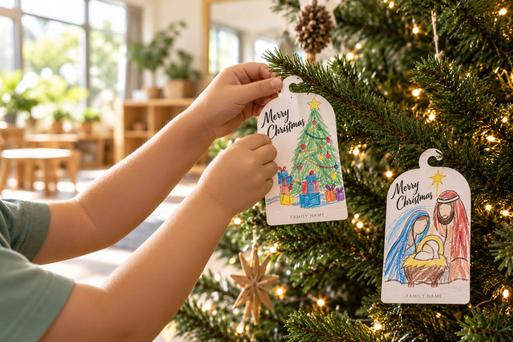 Preschool hands hang Christmas tags